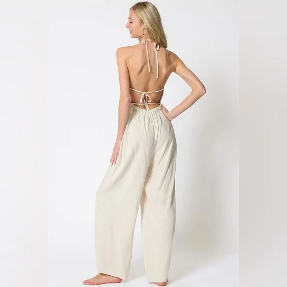 Cowl Tie Back Cream Backless Belted Jumpsuit